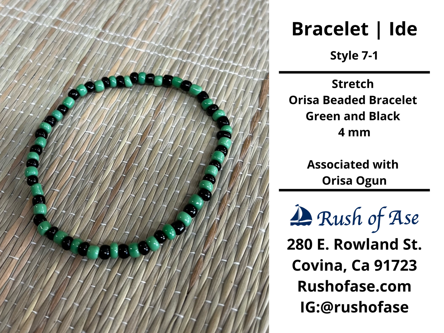 Bracelets | Ide | Stretch Orisa Beaded Bracelet – Green and Black – 4mm | Ogun Bracelet - Style 7-1