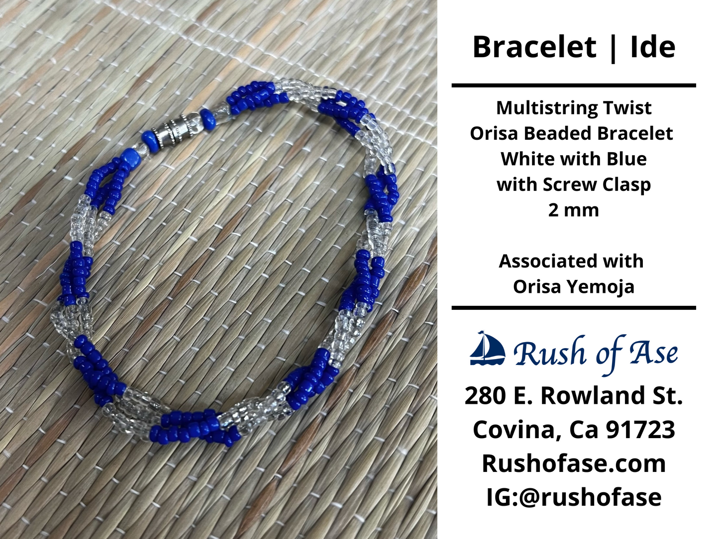 Bracelets | Ide | Multistring Twist Orisa Beaded Bracelet – Blue and Clear with Barrel Clasp – 2mm | Yemoja Bracelet - Style 10-2