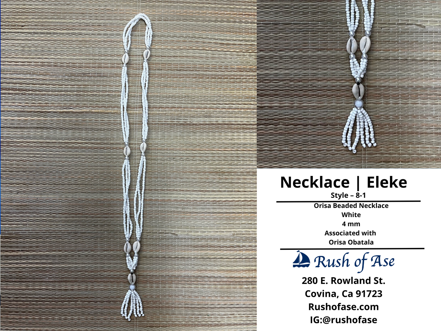 Necklaces | Orisa Multistrand Beaded Necklace with Cowries and Tassel – White – 4mm | Obatala – Style 8-1