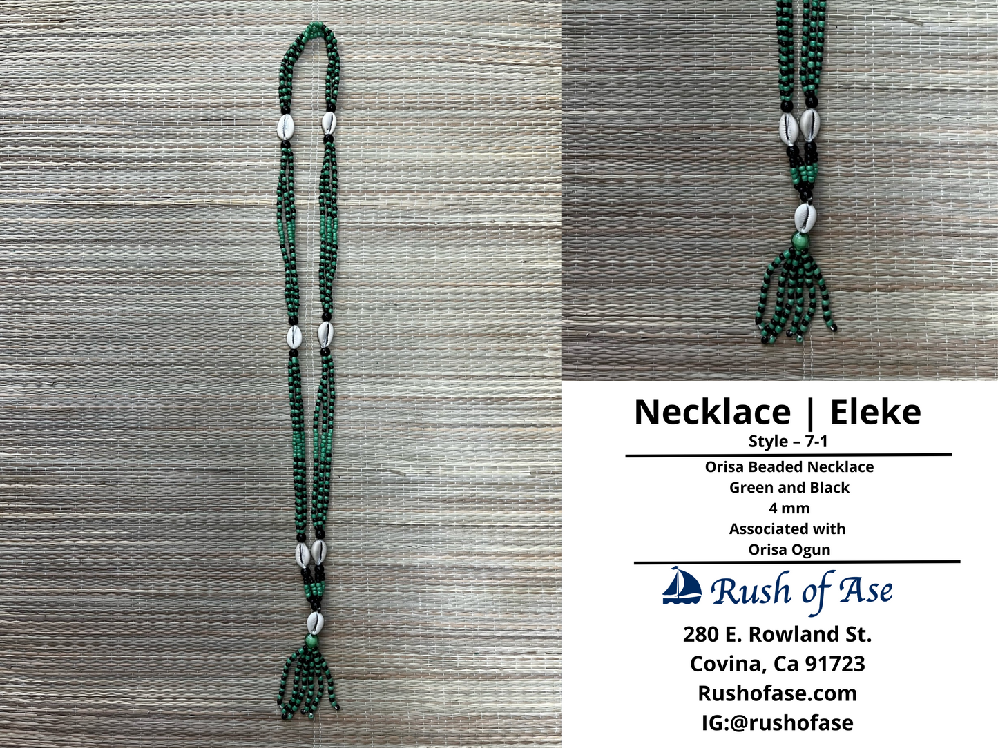 Necklaces | Orisa Multistrand Beaded Necklace with Cowries and Tassel - Green and Black - 4mm | Ogun – Style 7-1