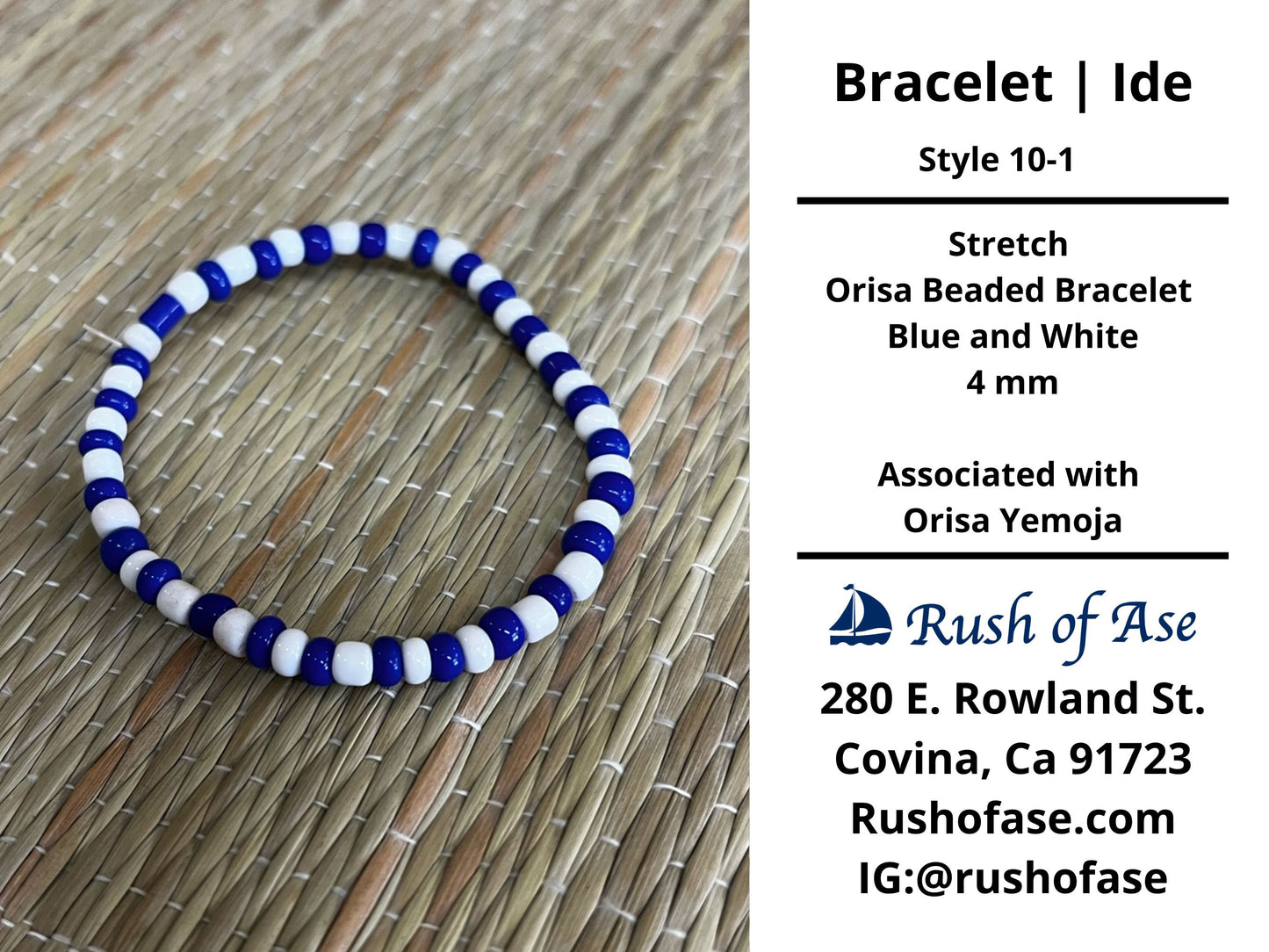 Bracelets | Ide | Stretch Orisa Beaded Bracelet – Blue and White – 4mm | Yemoja Bracelet- Style 10-1