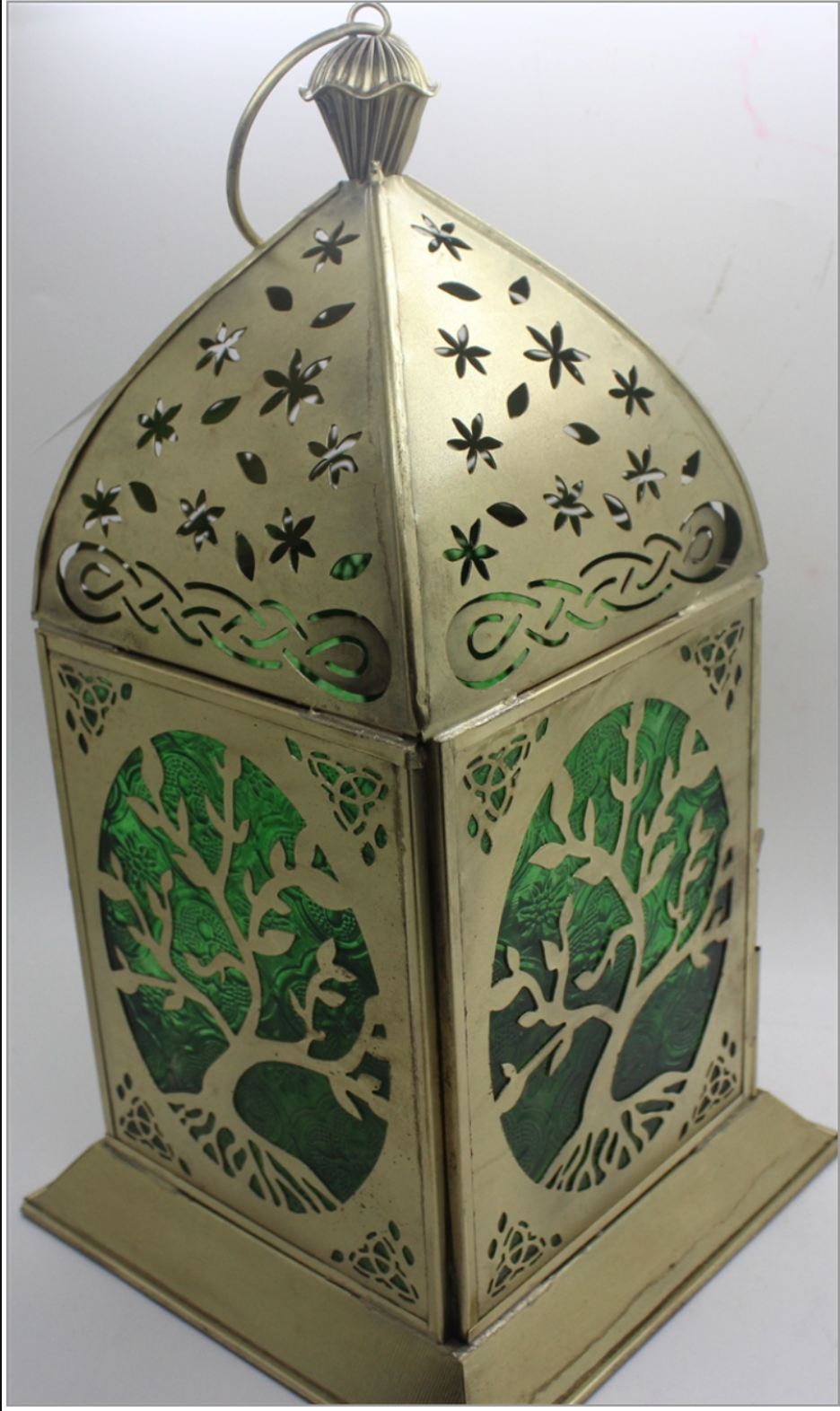 Gold and Green - Iron and Glass Moroccan Lantern – 12” tall