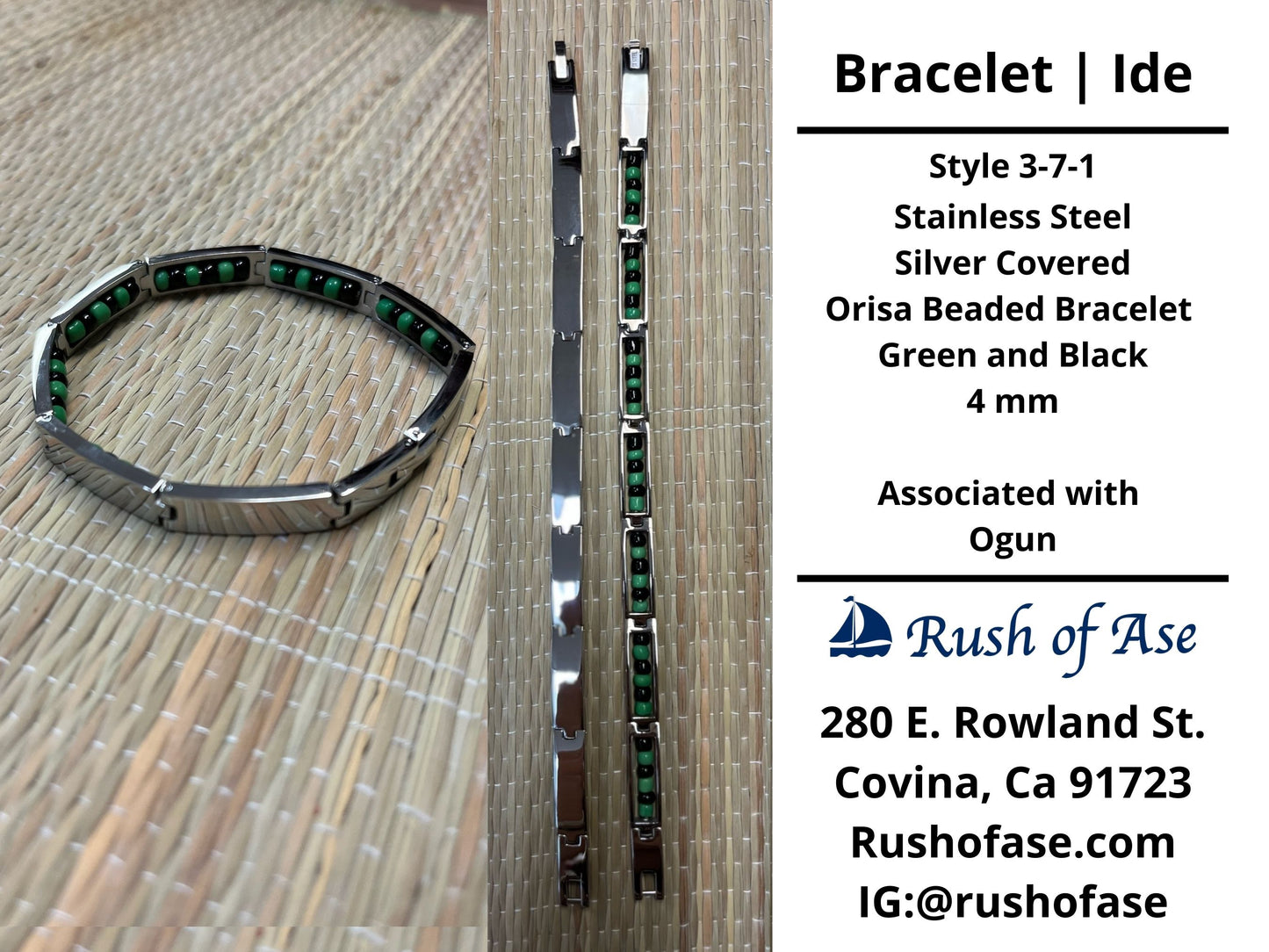 Bracelets | Orisa Bracelets | Ide | Stainless Steel Metal Beaded Bracelets – Green and Black | Ogun