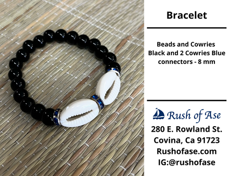 Bracelets | Beads and Cowries – Black and 2 Cowries Blue connectors – 8 mm