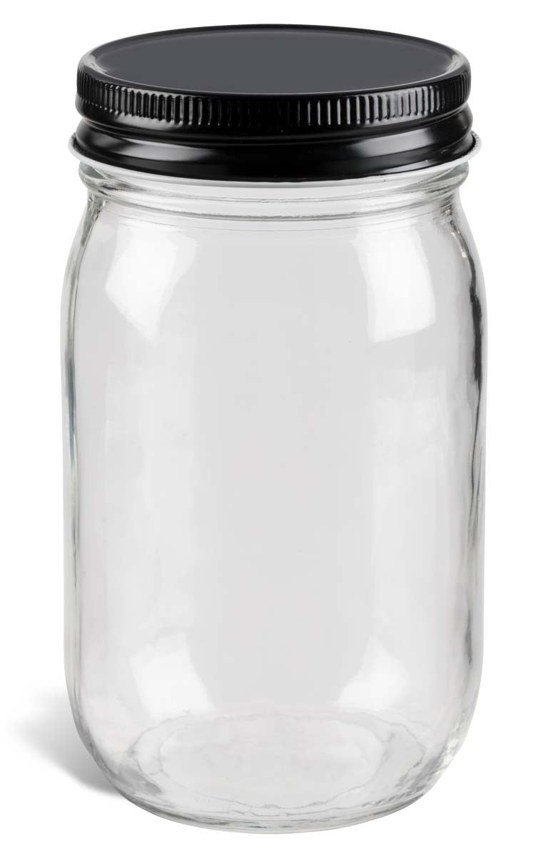 Glass Jars - 16 oz | Clear Wide-Mouth | Black Metal Cap - 12 per case