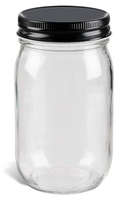 Glass Jars - 16 oz | Clear Wide-Mouth | Black Metal Cap - 12 per case