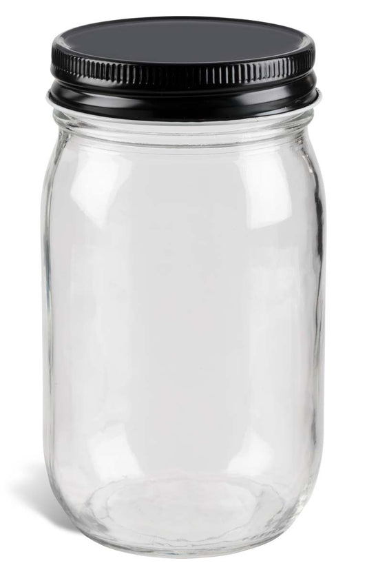 Glass Jars - 16 oz | Clear Wide-Mouth | Black Metal Cap - 12 per case