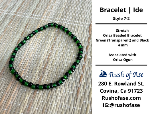 Bracelets | Ide | Stretch Orisa Beaded Bracelet – Green (Transparent) and Black – 4mm | Ogun Bracelet - Style 7-2