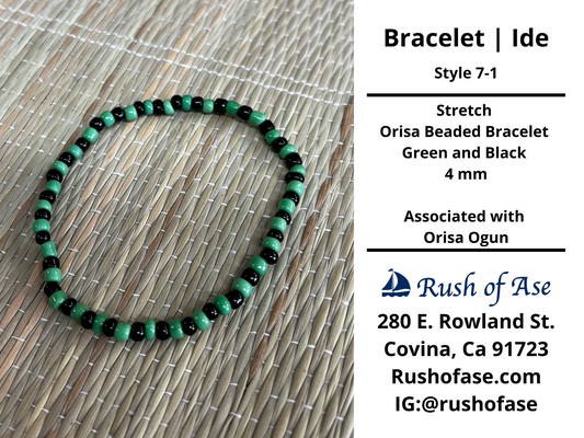 Bracelets | Ide | Stretch Orisa Beaded Bracelet – Green and Black – 4mm |  Ogun Bracelet - Style 7-1