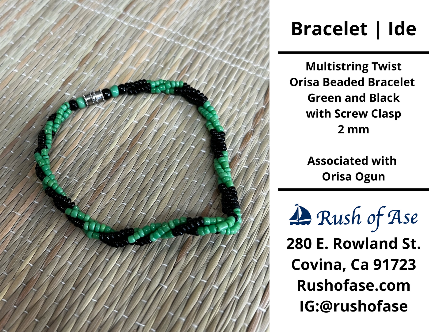 Bracelets | Ide | Multistring Twist Orisa Beaded Bracelet – Green and Black with Barrel Clasp – 2mm | Ogun Bracelet - Style 7-1