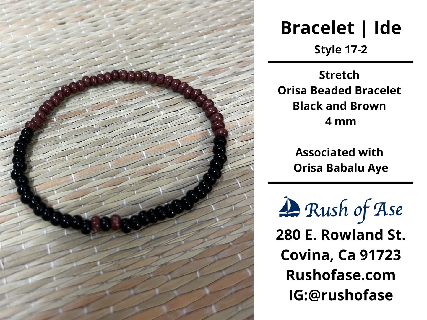 Bracelets | Ide | Stretch Orisa Beaded Bracelet – Black and Brown – 4mm | Babalu Aye Bracelet - Style 17-2