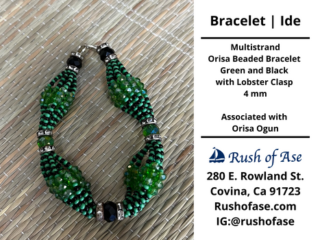 Bracelets | Orisa Multistrand Beaded Bracelet – Green-Green (transparent) and Black with Lobster Clasp – 4mm | Ogun Bracelet - Style 7-2