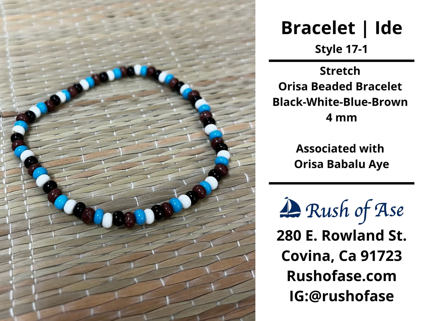 Bracelets | Ide | Stretch Orisa Beaded Bracelet – White-Blue-Brown-Black – 4mm | Babalu Aye Bracelet - Style 17-1