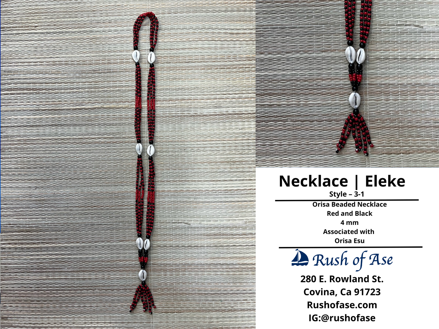 Necklaces | Orisa Multistrand Beaded Necklace with Cowries and Tassel - Red and Black – 4mm | Esu – Style 3-1