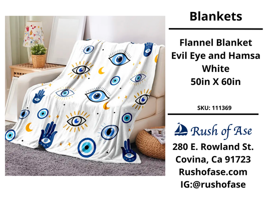 Blankets | Flannel Blanket Evil Eye and Hamsa White