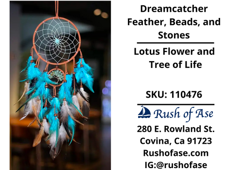 Dreamcatcher Feather, Beads, and Stones | Lotus Flower and Tree of Life