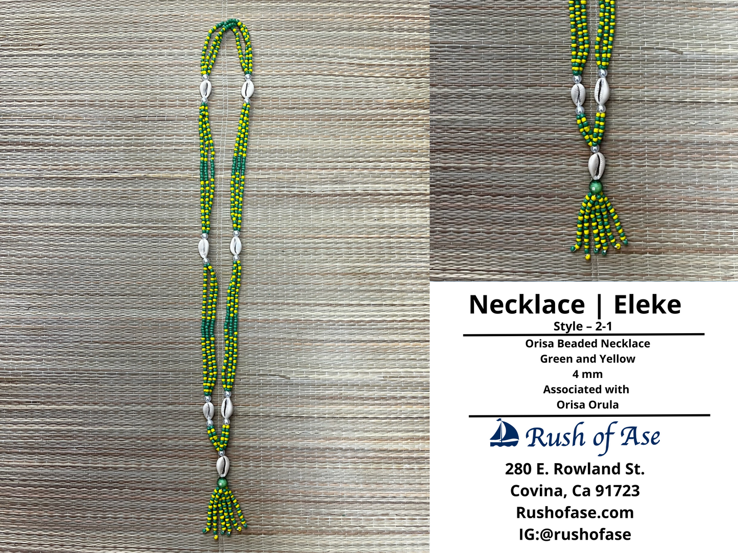 Necklaces | Orisa Multistrand Beaded Necklace with Cowries and Tassel - Green - Yellow - 4mm | Orula – Style 2-1