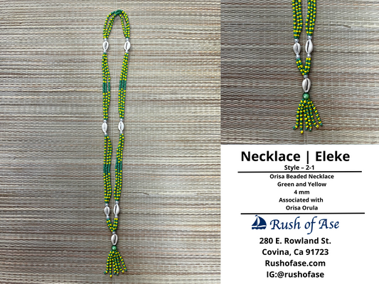 Necklaces | Orisa Multistrand Beaded Necklace with Cowries and Tassel - Green - Yellow - 4mm | Orula – Style 2-1