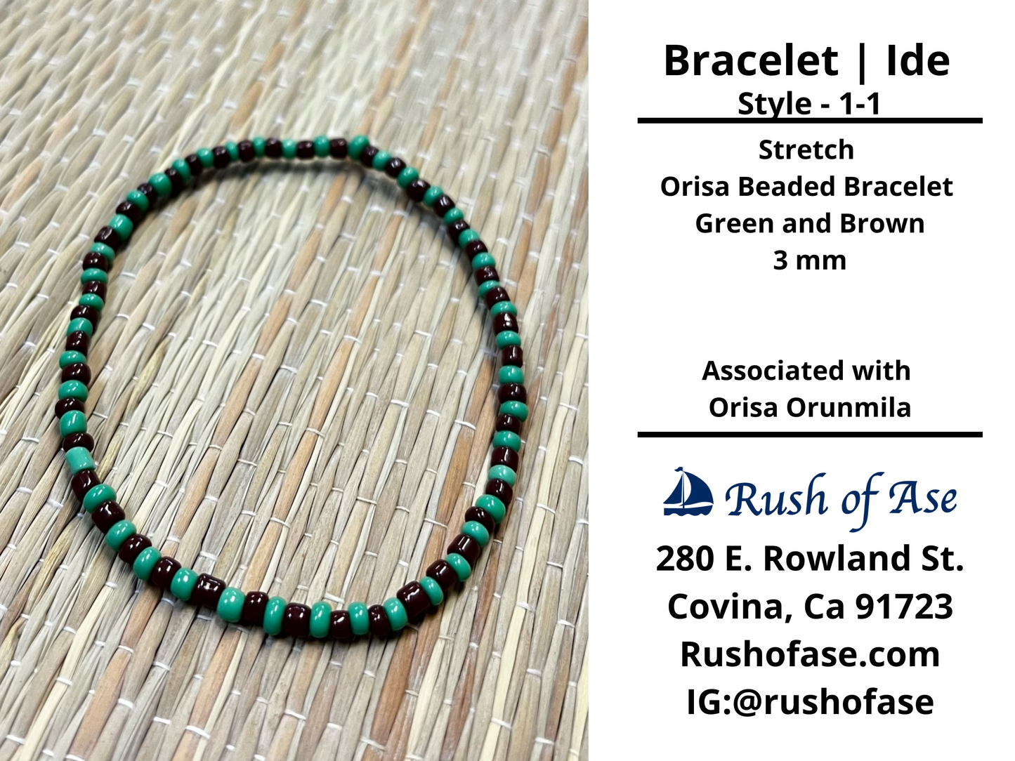 Bracelet | Ide | Stretch Bracelet - Small Beads – 3mm – Green and Brown | Orunmila – Style 1-1