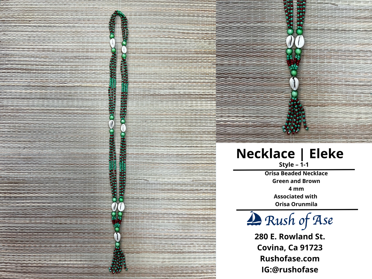 Necklaces | Orisa Multistrand Beaded Necklace with Cowries and Tassel - Green - Brown - 4mm | Orunmila – Style 1-1