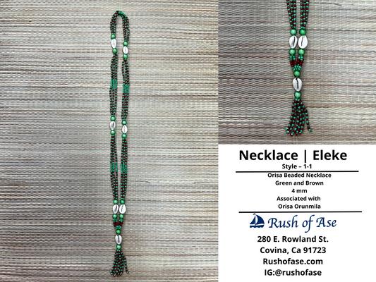 Necklaces | Orisa Multistrand Beaded Necklace with Cowries and Tassel - Green - Brown - 4mm | Orunmila – Style 1-1