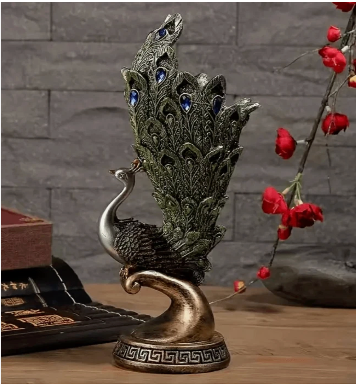 Peacock Resin Vase with Jeweled Tail