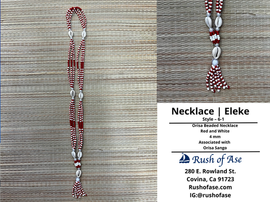 Necklaces | Orisa Multistrand Beaded Necklace with Cowries and Tassel - Red - White - 4mm | Sango – Style 6-1