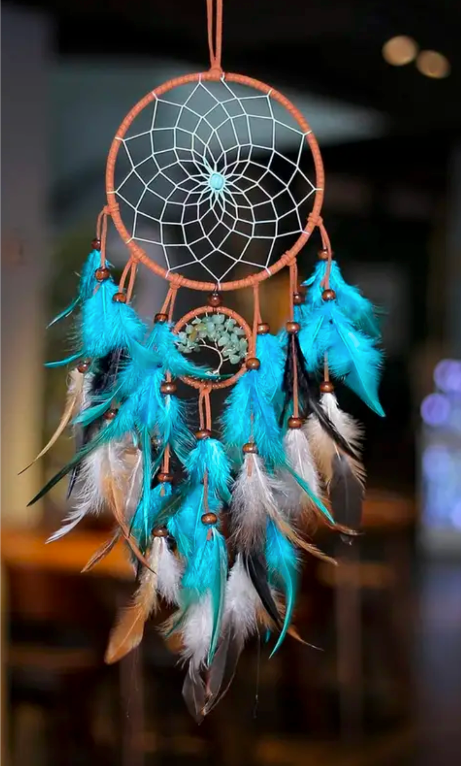 Dreamcatcher Feather, Beads, and Stones | Lotus Flower and Tree of Life