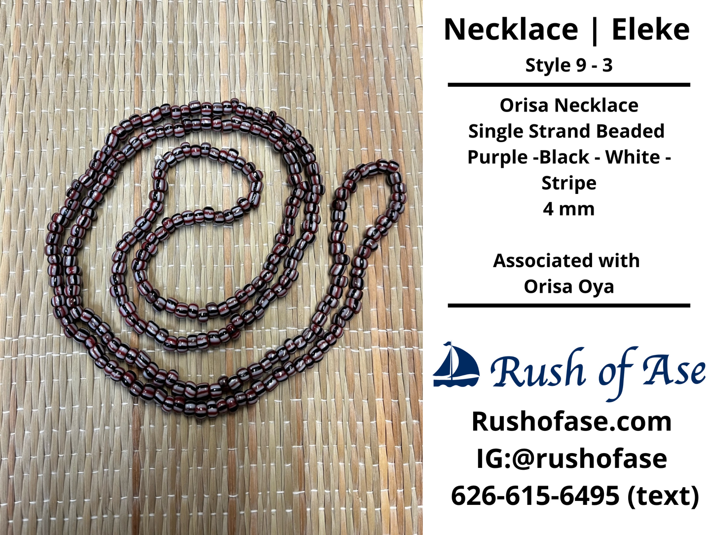 Necklaces | Eleke | Orisa Necklace - Single Strand Beaded Necklace - 4mm | Purple-Black-White Stripes - Oya - Style 9-3