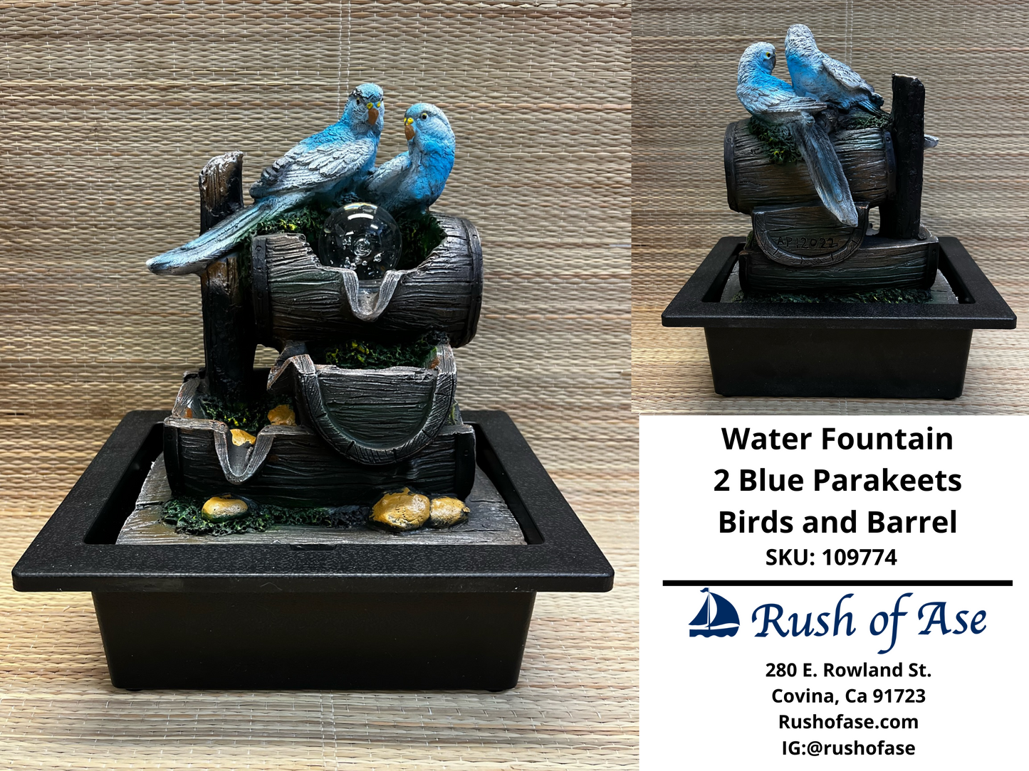 Decor | Water Fountain - 2 Blue Parakeets Birds and Barrel