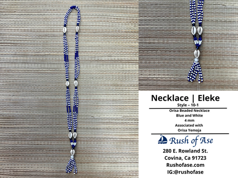 Necklaces | Orisa Multistrand Beaded Necklace with Cowries and Tassel - Blue - White - 4mm | Yemoja – Style 10-1