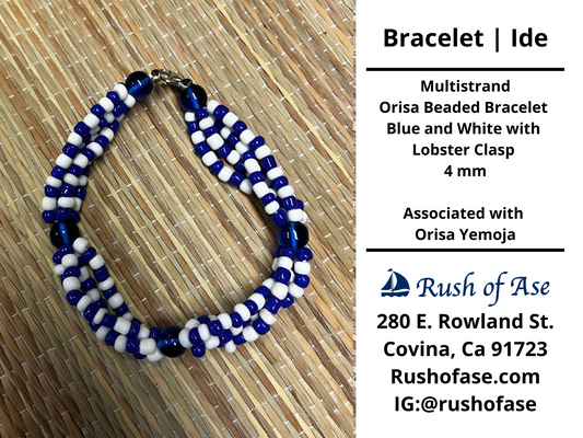 Bracelets | Orisa Multistrand Beaded Bracelet – Blue and White with Lobster Clasp – 4mm | Yemoja Bracelet - Style 10-1