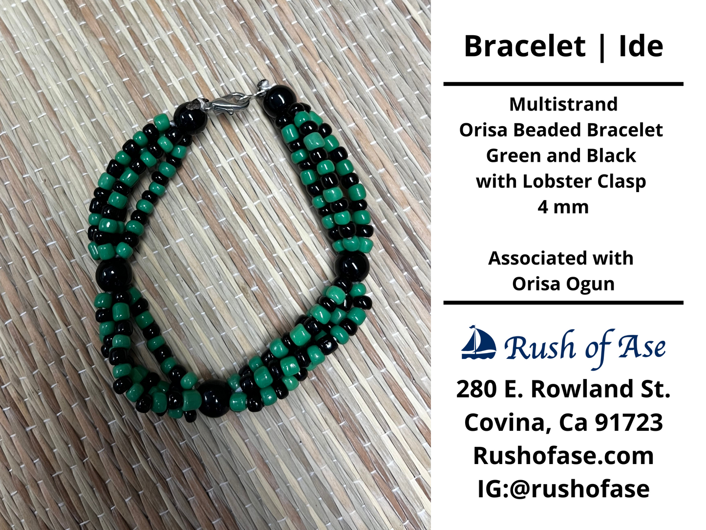 Bracelets | Orisa Multistrand Beaded Bracelet – Green and Black with Lobster Clasp – 4mm | Ogun Bracelet - Style 7-1