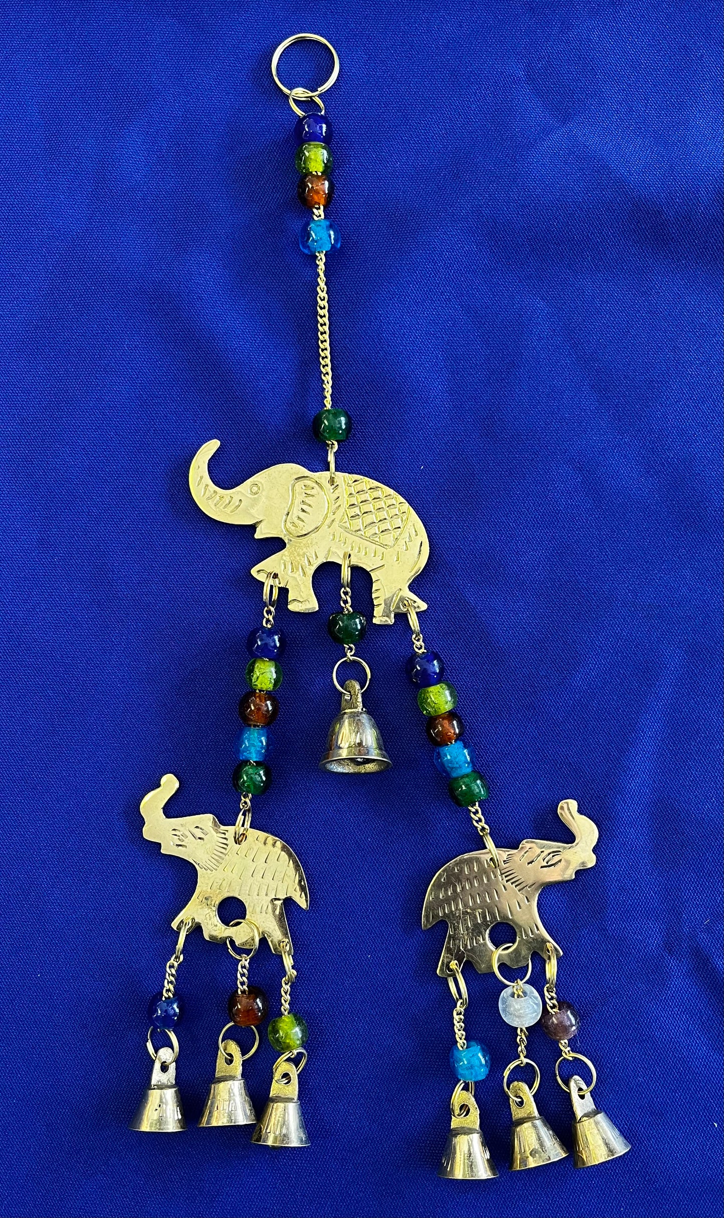 Wind Chimes | Triple Elephant Brass Chime with Bells & Beads - 12"L