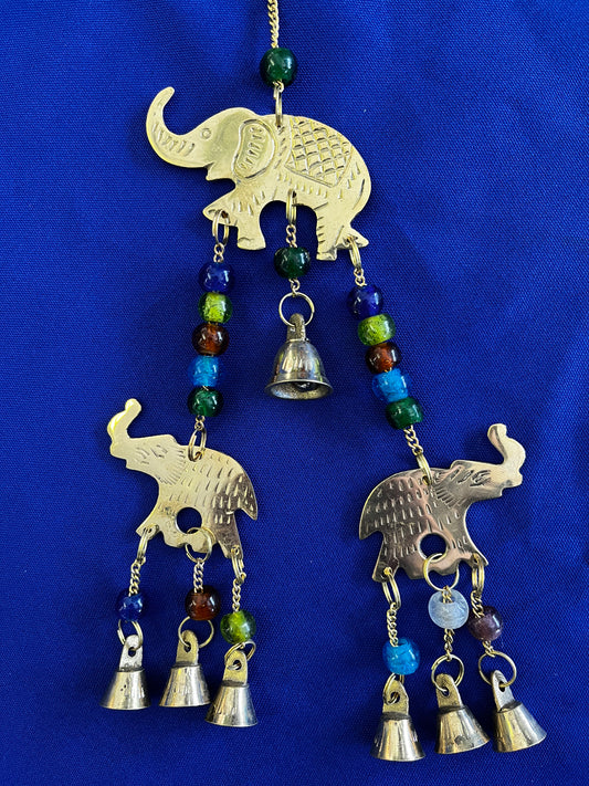 Wind Chimes | Triple Elephant Brass Chime with Bells & Beads - 12"L