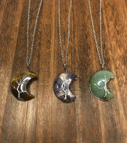 Stone Necklaces | Tree Of Life Wire Wrapped Crescent Moon Crystal Necklace