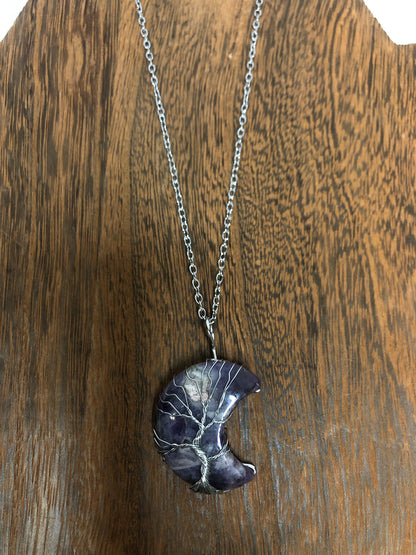 Stone Necklaces Tree Of Life Wire Wrapped Crescent Moon Crystal Necklace
