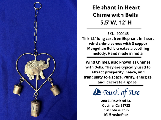 Wind Chimes | Elephant in Heart Chime with Bells - 5.5"W, 12"H