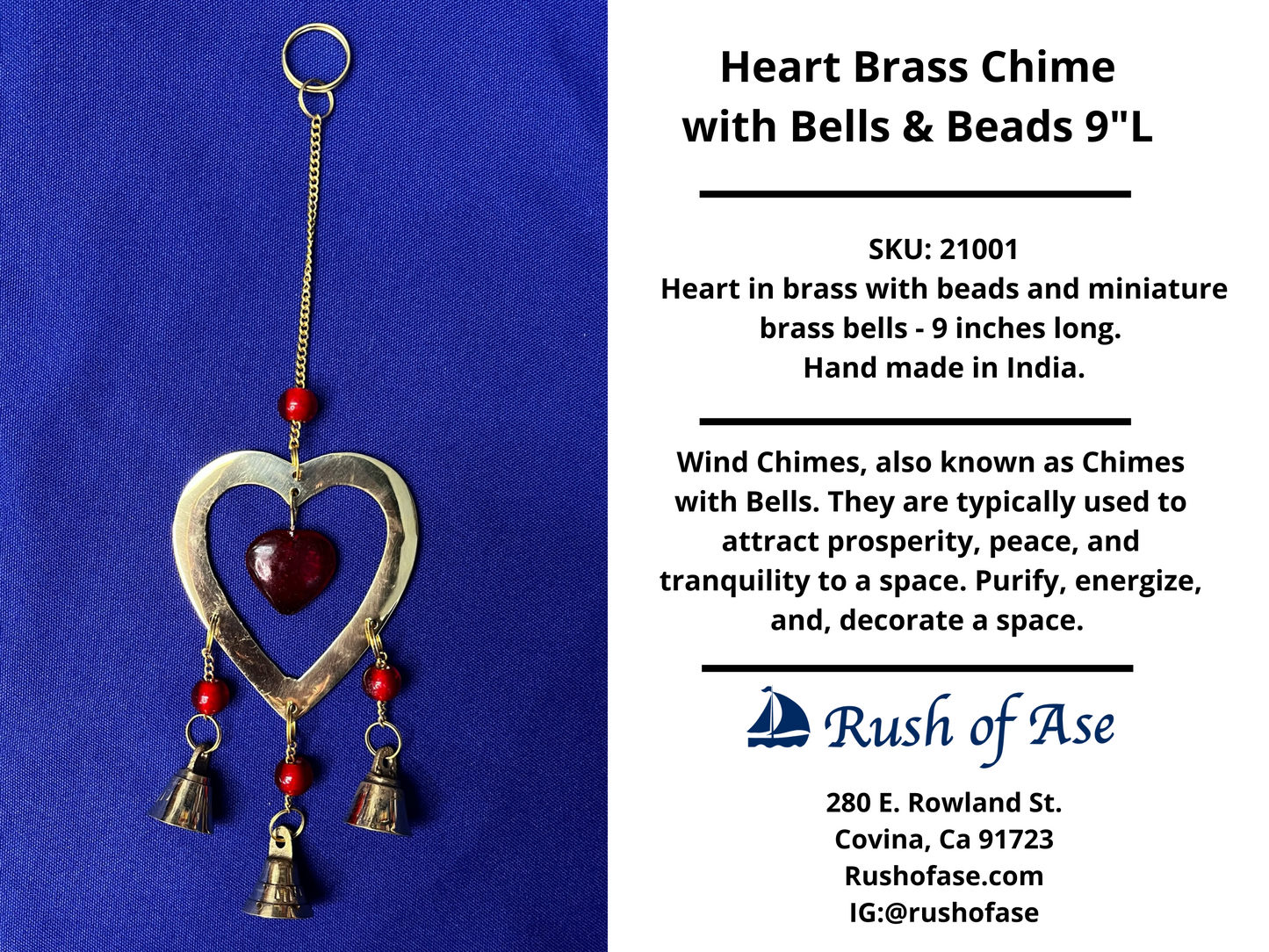 Wind Chimes | Heart Brass Chime with Bells & Beads - 9"L