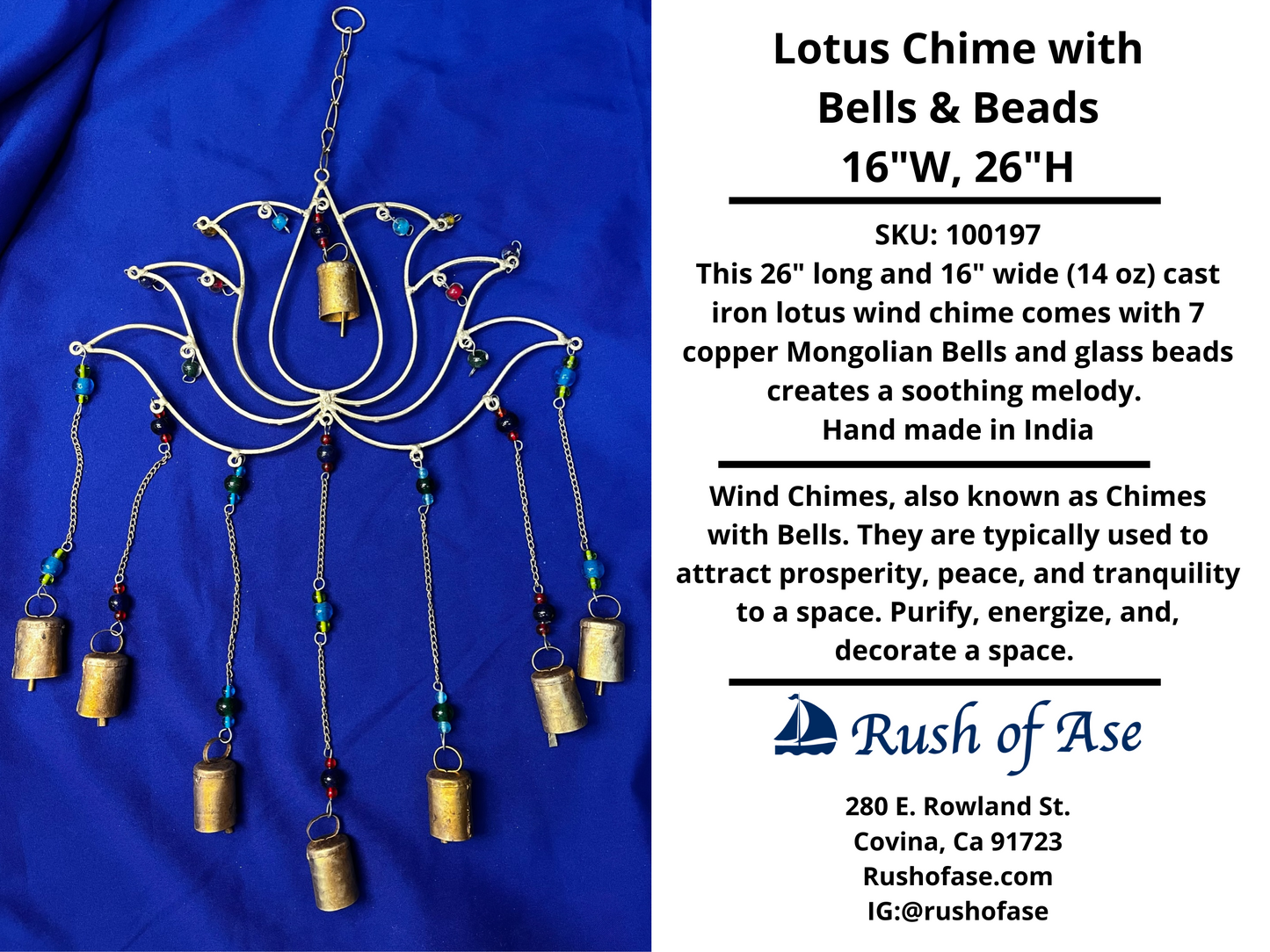 Wind Chimes | Lotus Chime with Bells & Beads - 16"W, 26"H