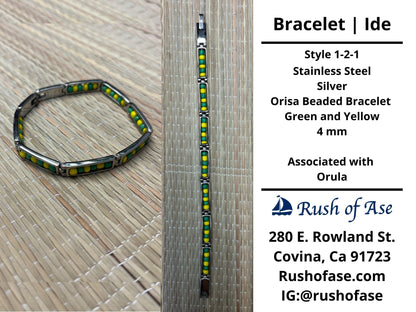 Bracelets | Orisa Bracelets | Ide | Stainless Steel Metal Beaded Bracelets – Green and Yellow | Orula
