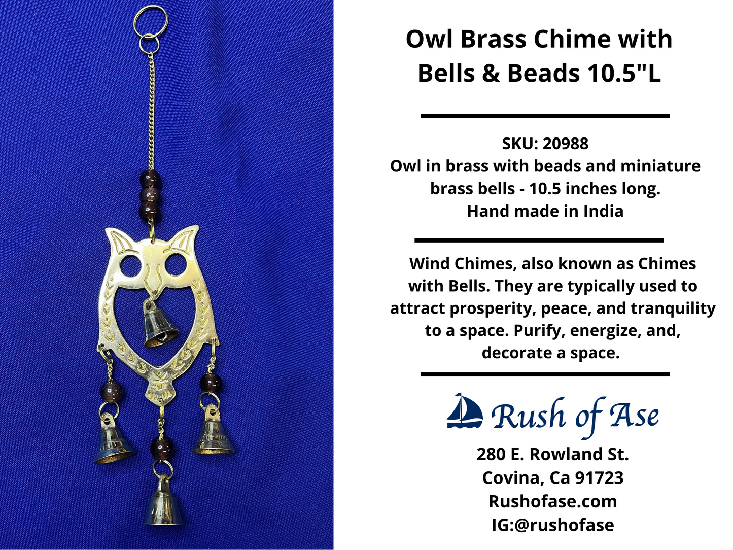 Wind Chimes | Owl Brass Chime with Bells & Beads - 10.5"L