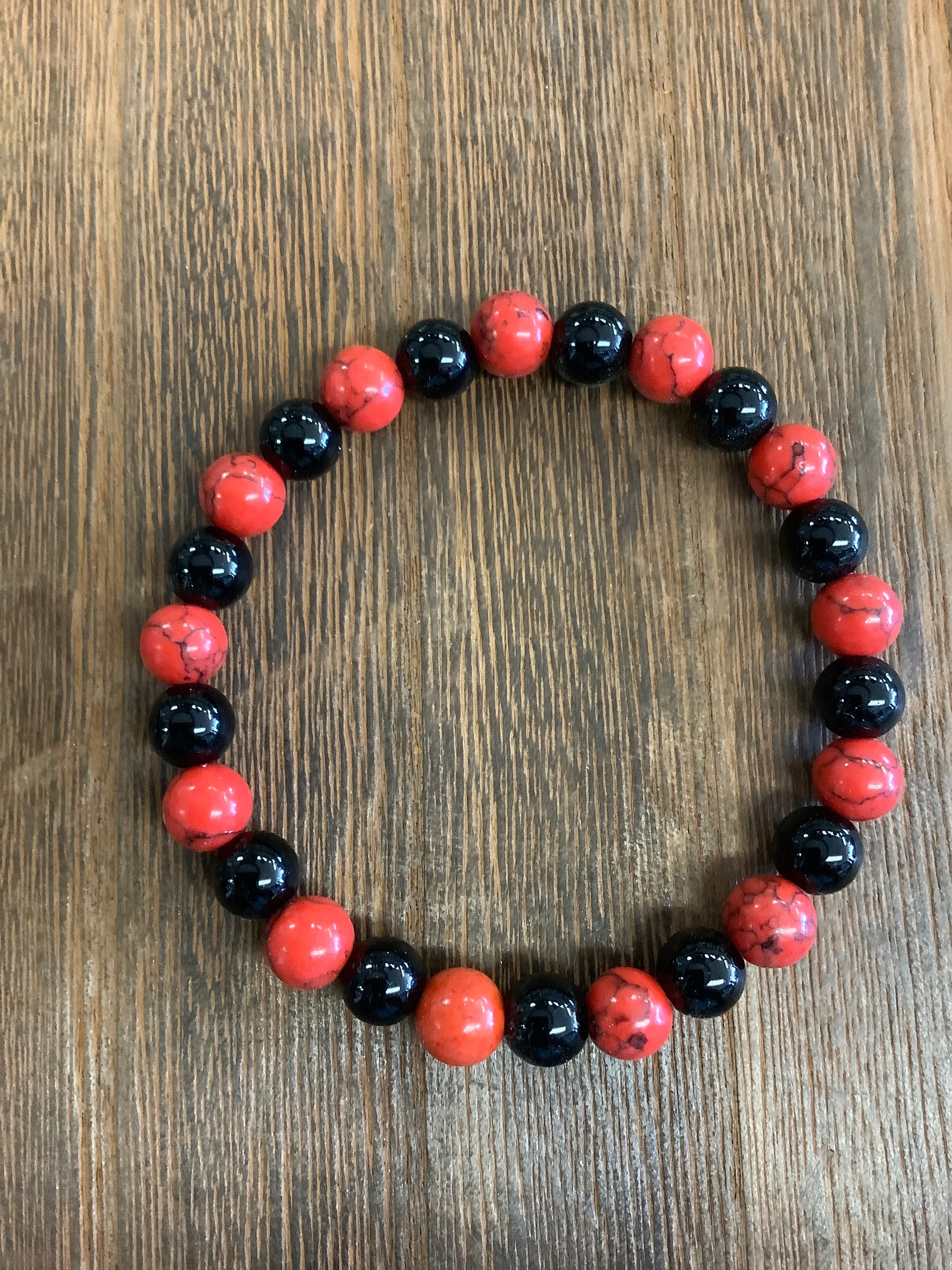 Kolbeinn - 8mm - Black Lava Stone Beaded Stretchy Bracelet with Gun Black Leopard & Faceted Red Imitation Coral Beads