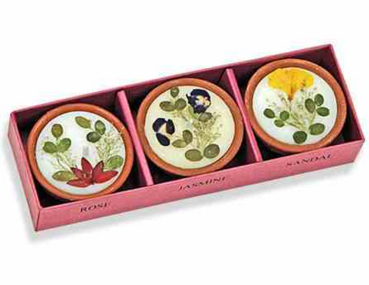 Candles |  Auroshikha Flower Candle with Natural Dried Flowers in Terracotta pot - 3 pk