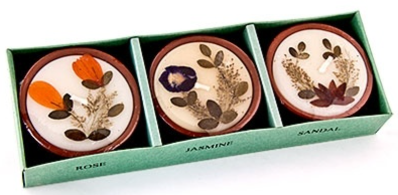 Candles |  Auroshikha Flower Candle with Natural Dried Flowers in Terracotta pot - 3 pk