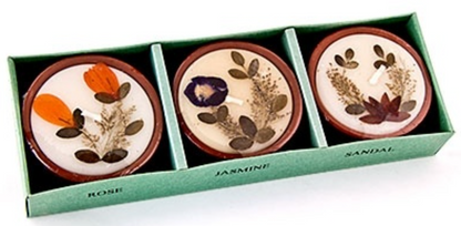 Candles |  Auroshikha Flower Candle with Natural Dried Flowers in Terracotta pot - 3 pk