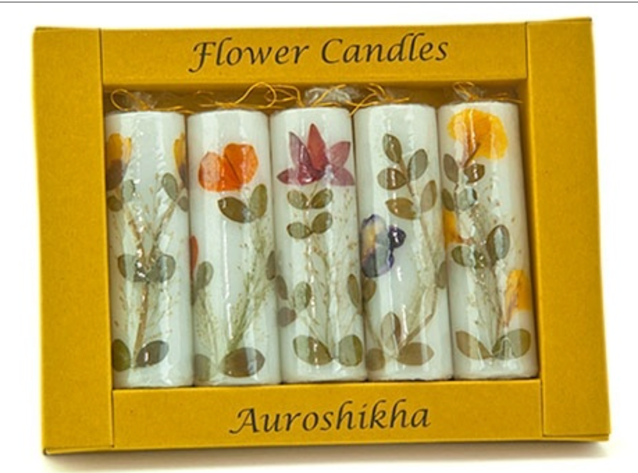 Candles | 3" Taper Candles | Auroshikha Flower Candle with Natural Dried Flowers - 5 pk