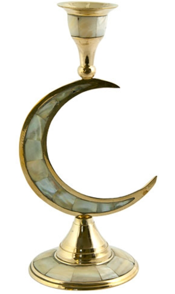 Candle Holder | 7" H Brass Mother of Pearl Moon Candle Holder