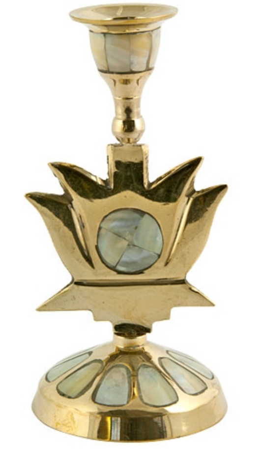 Candle Holder | 6" H Brass Mother of Pearl Lotus Candle Holder