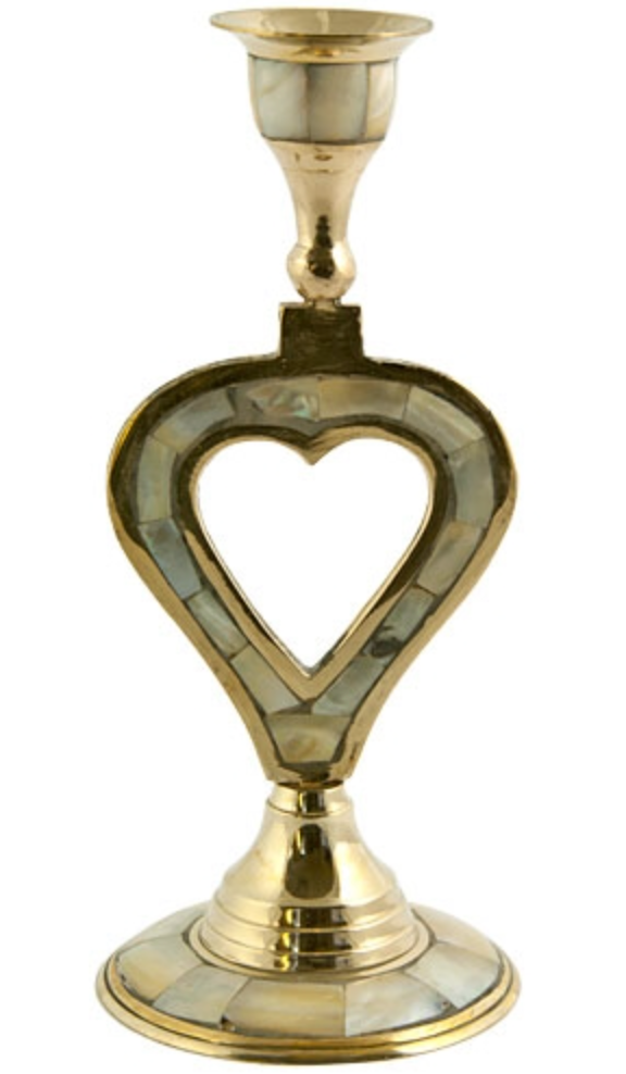 Candle Holder | 6.5" H Brass Mother of Pearl Heart Candle Holder